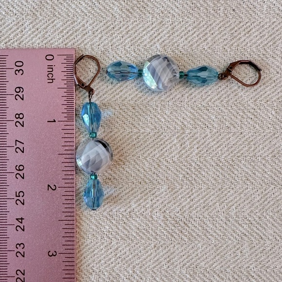 Handmade Antique Copper Teal Blue Green Glass Long Boho Earrings Leverback - Picture 3 of 10